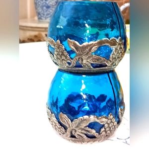 Set of 2 Glass Candle Votive 3.5" Metal Cap - Sky Blue